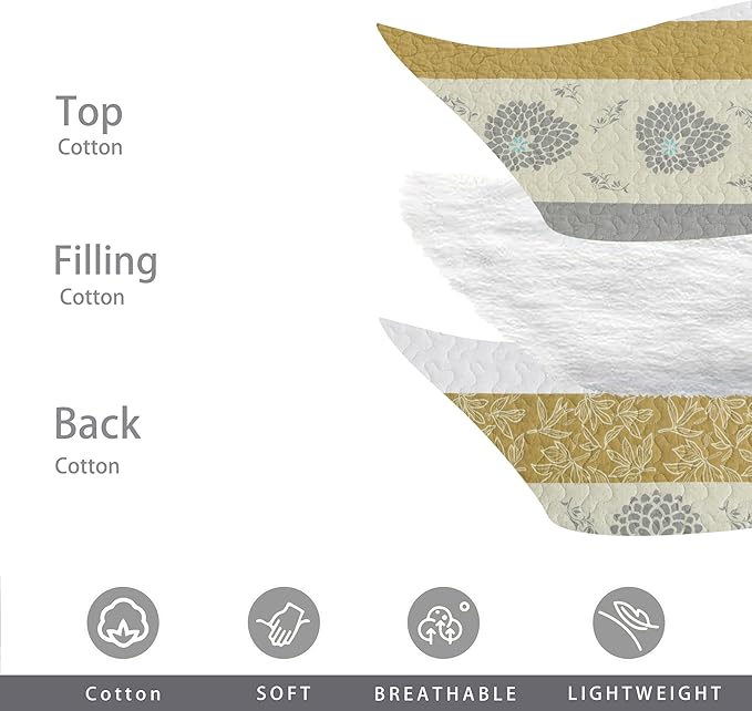 Homzard Quilt King Size-Comforter King Quilt Bedding Set,Mustard Yellow Beige Grey All Cotton Quilted Bedspread,Striped Floral Pattern Bedding Set,Lightweight Reversible 3 Piece,All Seasons