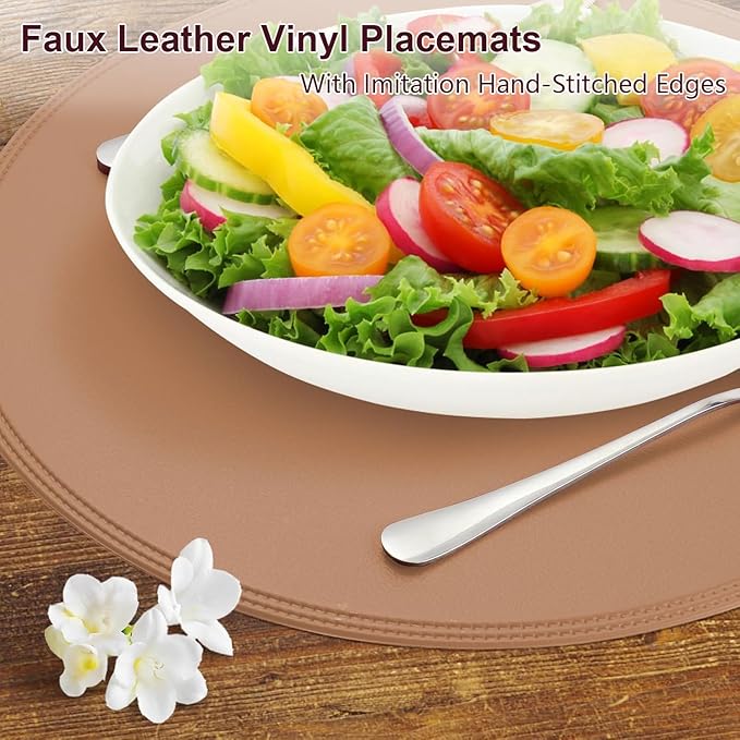 Round Vinyl Pink Placemats Set of 6, Faux Leather Waterproof Wipeable Heat Resistant Place Mats, Washable Table Mats for Halloween, Thanksgiving & Christmas Dinner(Pink)