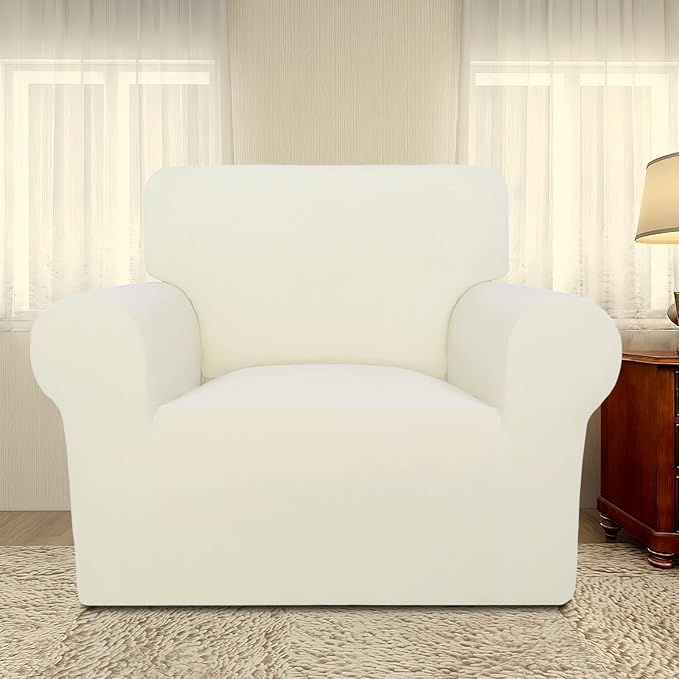 PureFit Super Stretch Chair Sofa Slipcover – Spandex Non Slip Soft Couch Sofa Cover, Washable Furniture Protector with Non Skid Foam and Elastic Bottom for Kids, Pets （Chair, Ivory）