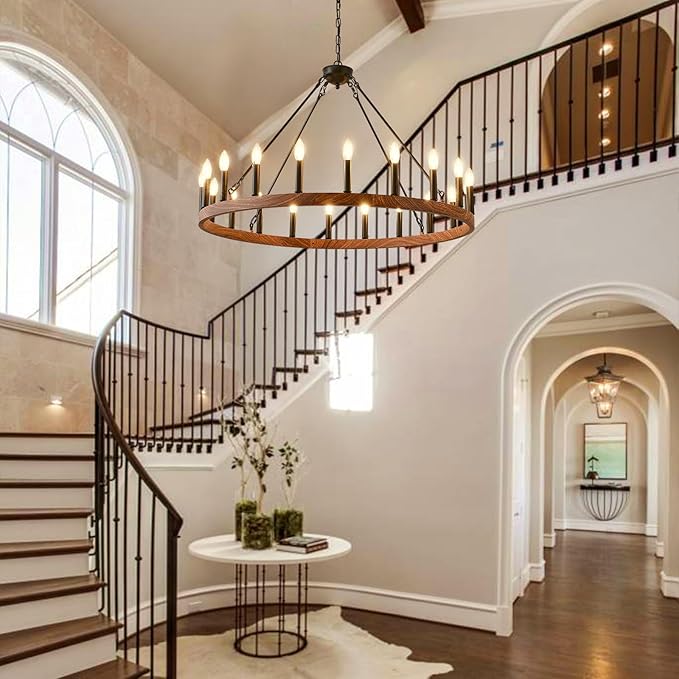 Wagon Wheel Chandelier 40" with Wood Grain Finish, 20-Light Farmhouse Wagon Wheel Chandelier for Dining Room, Modern Round Iron Candle Chandeliers Light for Living Room, Foyer, Entryway, E12