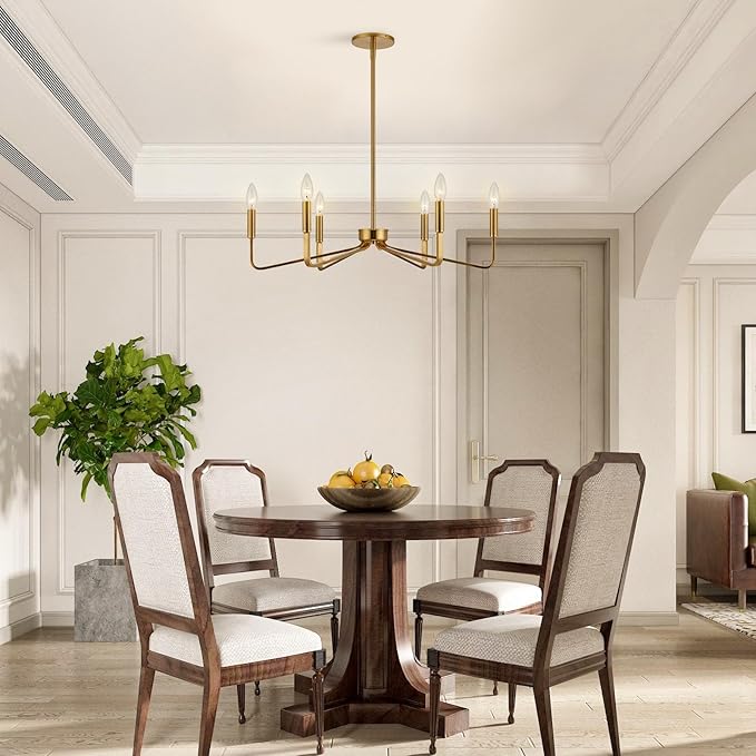 Gold Farmhouse Chandeliers for Dining Room, 6-Light Modern Chandelier Light Fixture, Brushed Brass Industrial Candle Lighting Hanging Ceiling for Living Room Bar Kitchen Island Lights