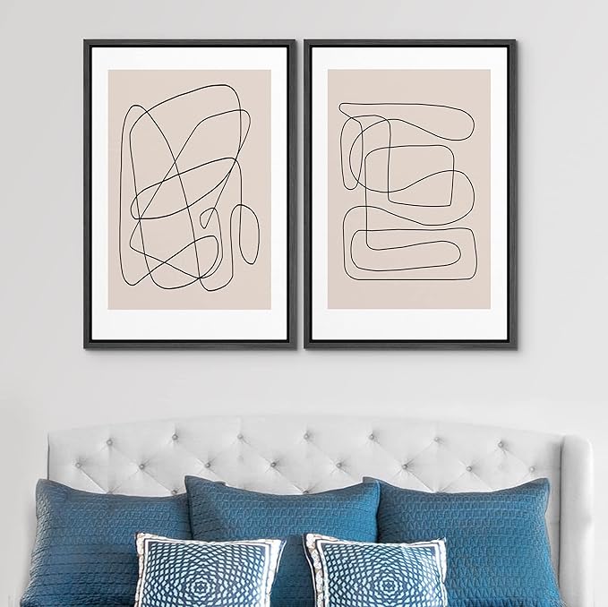 SIGNWIN Framed Wall Art Print Set Line Art Thin Lines Over Plain Tan Background Abstract Swirly Digital Art Modern Art Mid-Century Modern Expressive for Living Room, Bedroom, Office - 16"x24"x2 Black