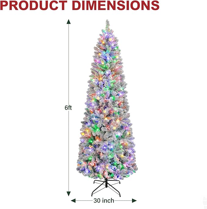 Hykolity 6ft Pre-Lit Snow Flocked Slim Tree, 200 Multi Color LED Lights, 544 Realistic PVC Tips, Hinged Design, Metal Base, 10 Modes