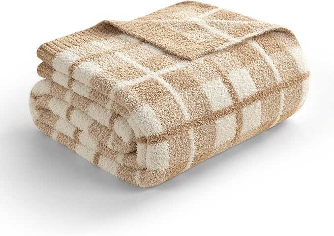 Snuggle Sac Checkered Throw Blanket for Couch, Super Soft Cozy Warm Knit Netural Decorative Fluffy Blankets, Reversible Buffalo Plaid Microfiber Throws for Sofa Bed, Beige Plaid, 50x60 Inches