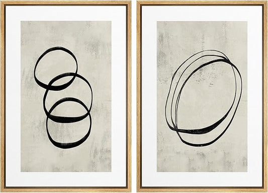 SIGNWIN Framed Canvas Print Wall Art Set Black Tan Ring Spiral Collage Abstract Shapes Cozy Neutral Modern Art Decorative Nordic Multicolor for Living Room, Bedroom, Office - 24"x36"x2 Natural