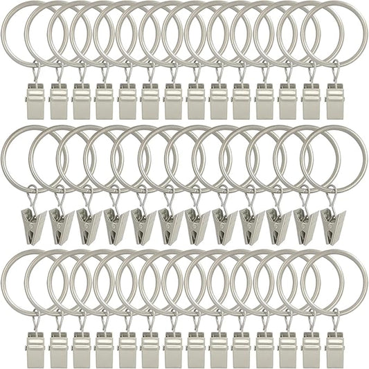 40 Pack Curtain Rings with Clips, Drapery Clips with Rings, Drapes Rings 1.26 in Interior Diameter, Fits up to 1 in Curtain Rod, Matte Silver