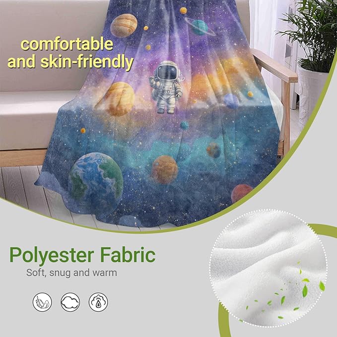 Cartoon Astronaut Flannel Throw Blanket, 60"x80", Colorful Galaxy Planet, Soft Warm Lightweight Blankets, Machine Washable, Kids Gifts, Outdoor Indoor Travel Hiking Nap Throw, Home Decorate