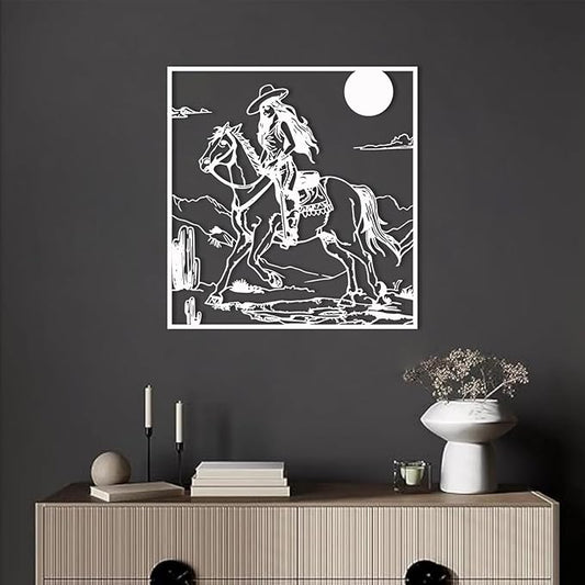 flyoak Vintage Western Cowgirl Metal Wall Decor, Rustic Cowgirl Riding Horse Metal Wall Sculpture, Southwestern Landscape Wall Art, Coastal Cowgirl Room Decor for Living Room (White, 24x22in|60x57cm)