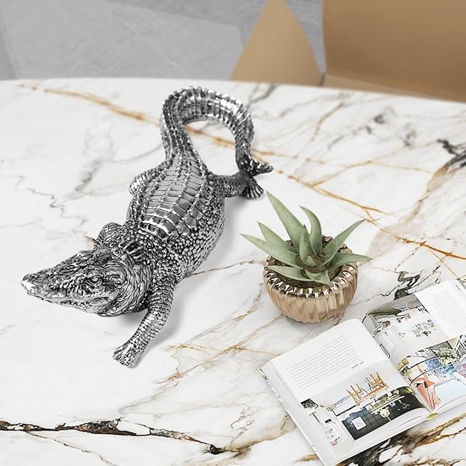 HAUCOZE Crocodile Sculpture Statue Animal Figurine Geometric Decor Polyresin Silver 14 inch