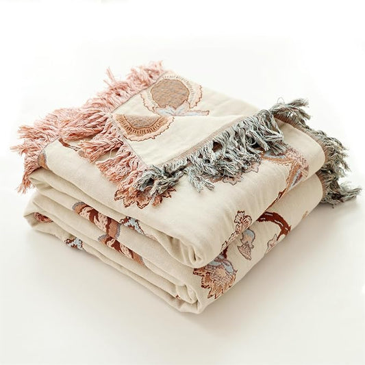 Boho Throw Blanket, 100% Cotton Ultra Soft Luxury Throw Rustic Quilt, Muslin Breathable Soft Bed Throw ，All Throw for Sofa Couch Chair 60×80 Inch