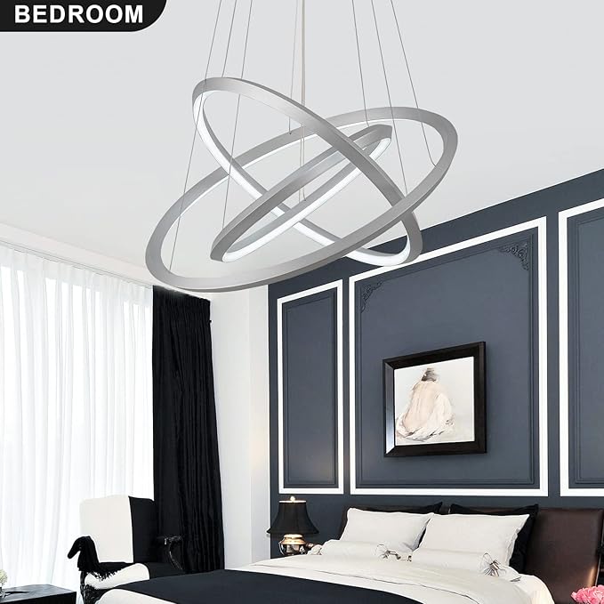 Modern LED Chandelier Room Decor 3 Ring Circular Chandelier Dimmable 23.6”Round Pendant Light Contemporary for Dining Living Room Foyer Bedroom 6000K Silver 5040lm