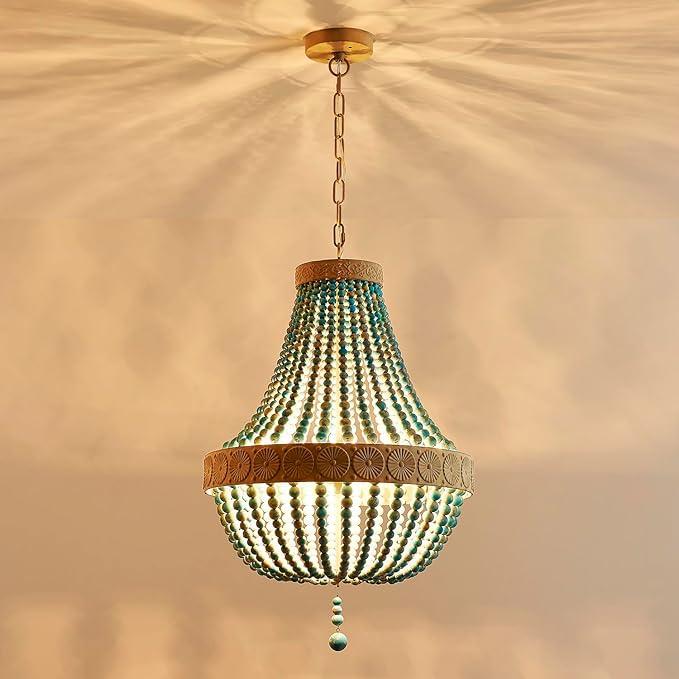 Saint Mossi Farmhouse Chandeliers, Vintage Design Wood Bead Pendant Light Fixture, D18 x H26, Adjustable 60" Chains, 4 x E12 Sockets, Rustic Blue Finish Bead & Dirt Grey Finish Metal Frame