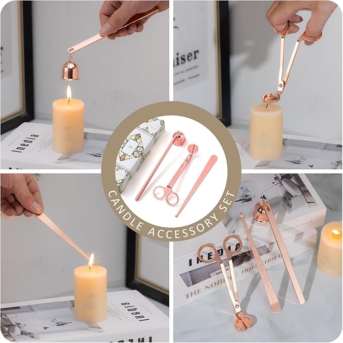 Rose Gold Taper Candle Holders, Candlestick Holders, Candle Holders with 3 in 1 Candle Accessory Set, Metal Candle Stand for Mantle Table Centerpiece, Weddings, Dining, Housewarming(Set of 6)
