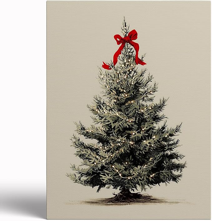 Vintage Christmas Tree Wall Art,Rustic Christmas Holiday Cottagecore Decor,Festive Vintage Tree Print