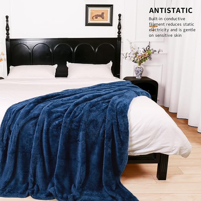 Plush Fleece Throw Blanket for Couch and Bed, Fluffy Fuzzy Cozy Queen-Size Soft Blankets All Season Use (60x80 Inches,Navy Blue)