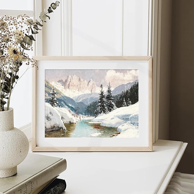 XOCUUI Vintage Unframed Canvas Wall Art, Snow Stream River Tree Cloud Winter Christmas Wall Art, Farmhouse Landscape Art Hanging Paintings for Living Room Bathroom Bedroom,8x10in