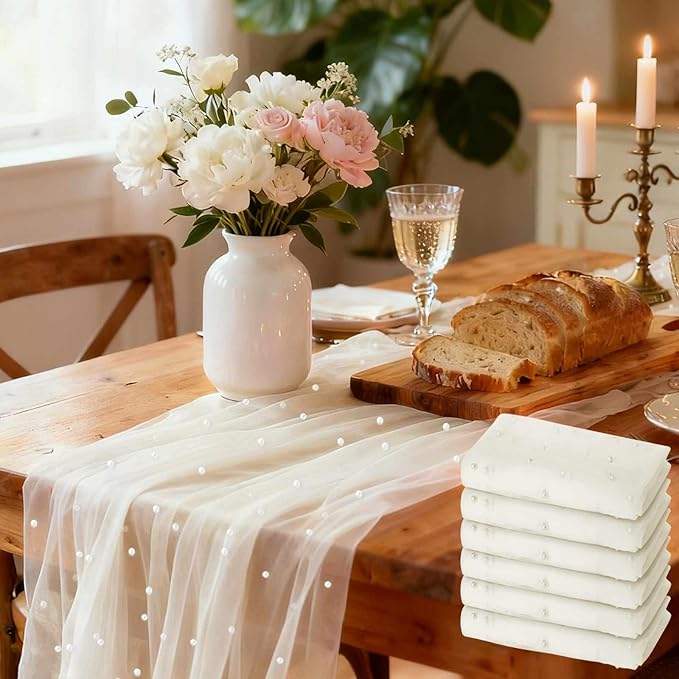 WELTRXE 6PCS Beige Pearl Table Runner 10ft, Boho Rustic Tulle Lace Table Runner 30x120 Inch for Wedding Decor Birthday Party Dining Table Cover, Champagne