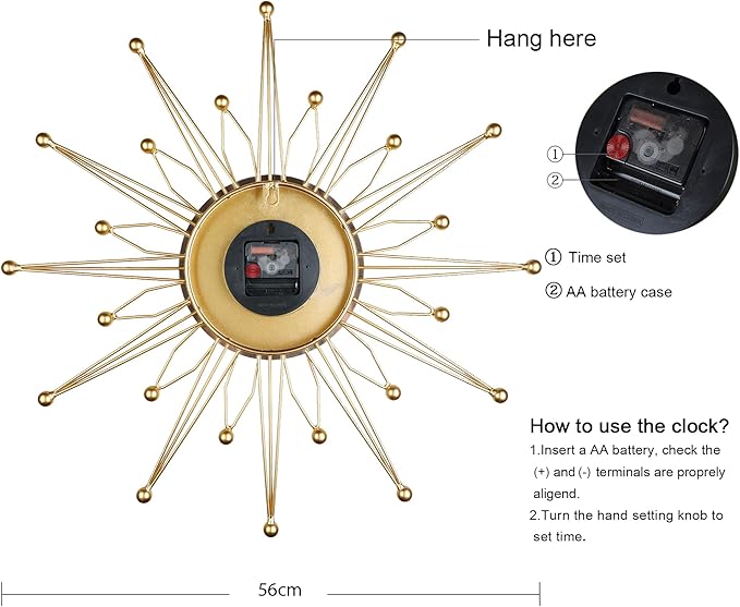 Lafocuse Silent 23 Inch Metal Large Gold Wall Clock Modern, Mid Century Wall Clocks Battery Operated, Art Deco Starburst Wall Clocks for Living Room Kitchen Office