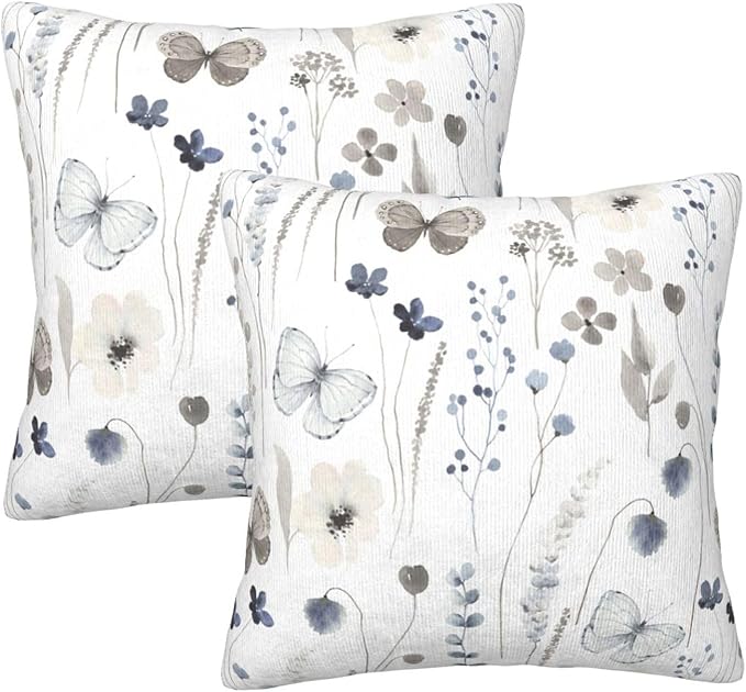 Floral Spring Pillow Covers 18x18 Inch Set of 2 Gray Blue Watercolor Herbs Throw Pillow Cover Floral Butterfly Square Pillowcase Cushion Cases for Home Couch Bed Sofa