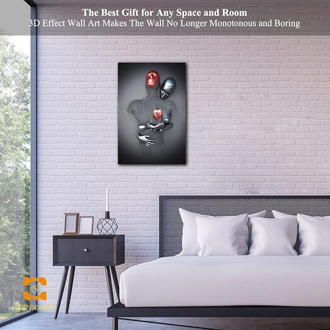 HIPOCAPO 3D Wall Art - Love Heart Metal Canvas Art, Silver Decor for Modern Living Room, Framed Romantic Couple Room 12''x18''x1Pcs 3d Art-19