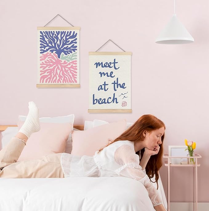 ignytiger Coastal Pink and Blue Coral Meet Me at the Beach Wall Art Poster Framed, Beach House Decor, Coastal Beachy Canvas Wall Art Prints for Home Bedroom Living Room Decor, 12x16 Inches Set of 2