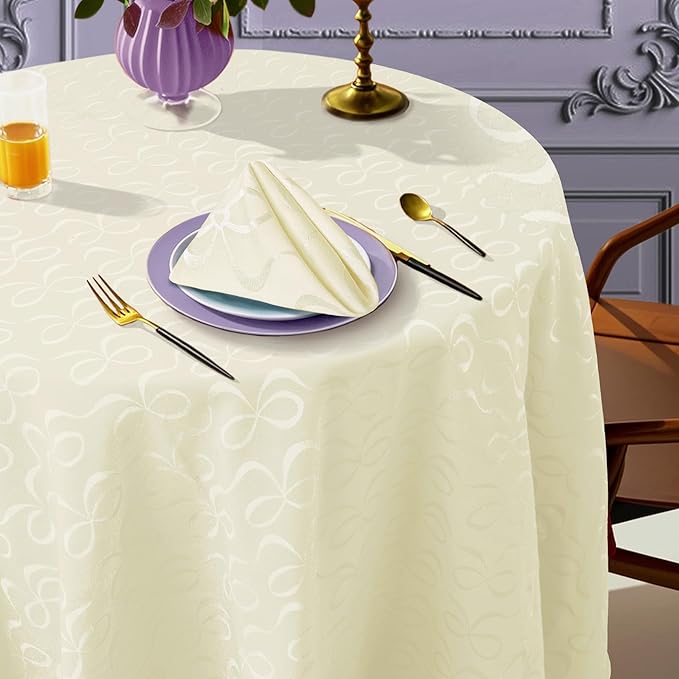 Round Tablecloth 70 Inch (4-6 Seat) - Cotton Polyester Blend, Wrinkle/Fade Resistant, Reusable - Luxury Jacquard Table Cloth - 1PC Circle Table Cover for Dining, Wedding & Birthday Party, Cream Bows