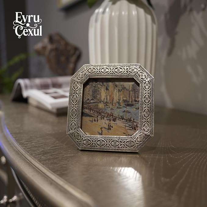 Silver 4x4 Small Vintage Picture Frame - -Mini Gothic Square Frame with Metallic Finish, Victorian Tabletop & Wall Decor with Glass Front for Gallery,Photo Display,Gift Ideas