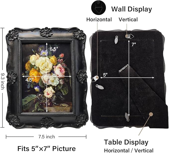 SYLVIA'S SHOP 5x7 Vintage Picture Frame, Antique Black Ornate Photo Frame, for Tabletop and Wall Display, Decorative Floral Design Retro Home Decor, Photo Gallery Art
