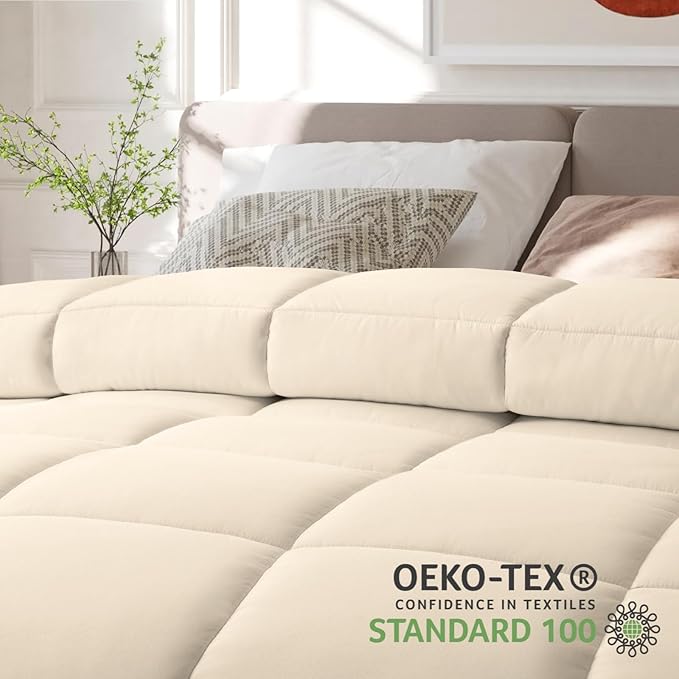 COHOME Quilted Oversized Queen Size Comforter - All-Season Down Alternative Duvet Insert - Luxury Hotel Soft Breathable Beige Comforter with Anti-Clump Tech & 8 Tabs- Reversible （98"x98"）