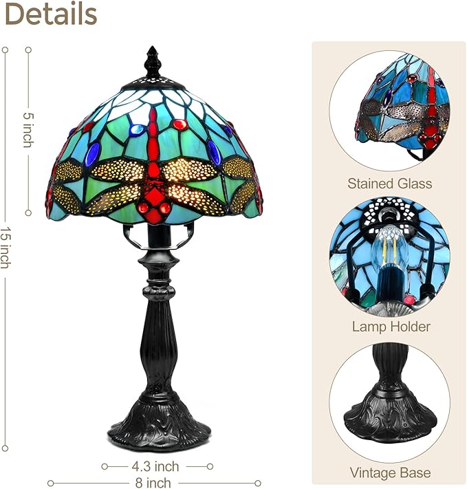 Tiffany Lamp Dragonfly Stained Glass Table Lamp, 8 Inch Antique Desk Lamp with LED Bulb, Desk Reading Light for Bedroom Living Room Office Table Lamps for Bedside Nightstand Gift