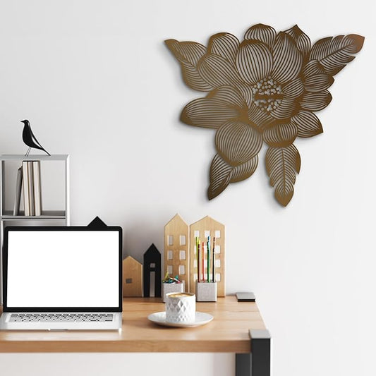 NEODECO 3D Flower Metal Wall Art, Floral Line Art, Minimalist home decor (Bronze, Small)