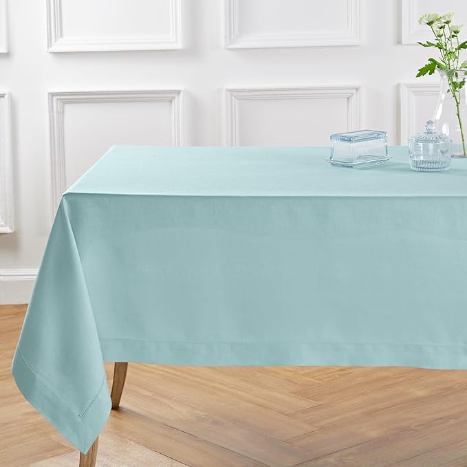Solino Home Linen Tablecloth for Rectangle Tables 60 x 132 Inch - Classic Hemstitch 100% Pure Linen Aqua Blue Table Cloth - Machine Washable Cloth Tablecloth for Christmas
