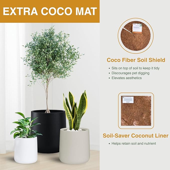 15.3"H x 15"D Conico Fiberstone Round Planter - Christmas Tree Planter, Smooth Finishes, Weather Resistant for Indoor and Outdoor Use, Included 2 Extra Coco Mats (White, 11.7" Pot Opening)