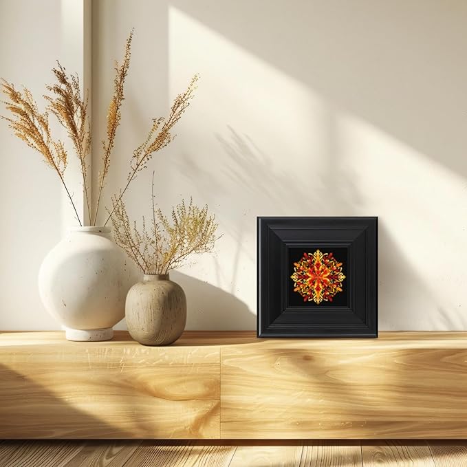 Brivoria Mandala Wall Art Home Decor, Framed Orange and Red Autumn Blaze Mandala Artwork, Modern Spiritual Accent for Meditation Corner Desk Shelf or Bedroom, Warm Wall and Tabletop Display, 8x8