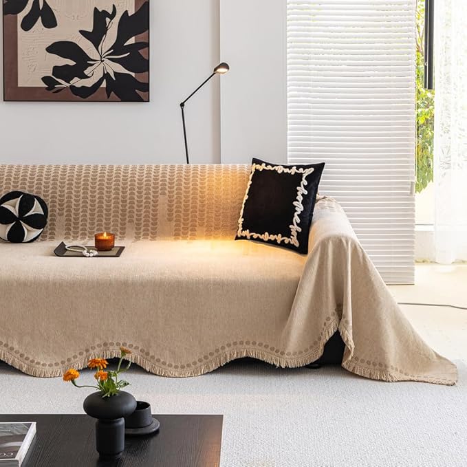 ROOMLIFE Khaki Couch Cover Sofa Covers, Chenille Couches Covers for 3 Cushion Sofas, Non Slip Soft Breathable Sofa Slipcovers for Pet, Washable Furniture Protector with Tassel,71''X134”