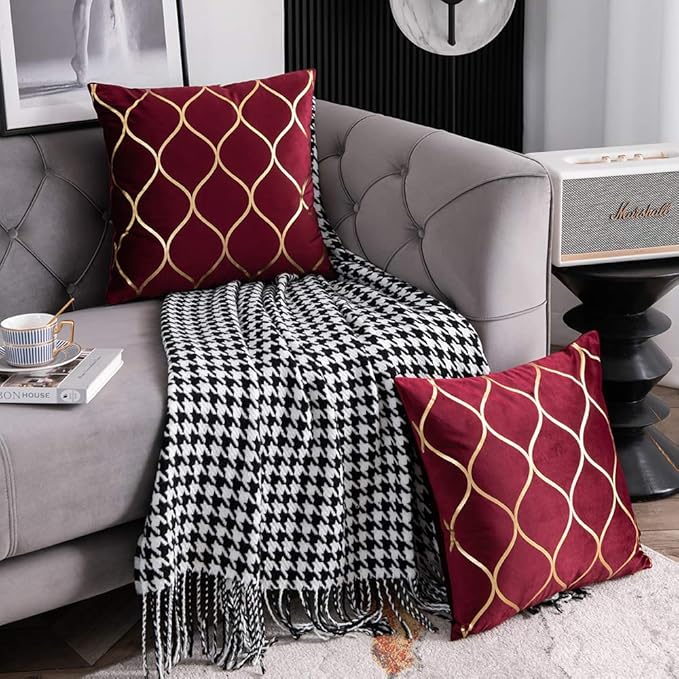 Gold Velvet Throw Pillow Covers: 2 Pack 18x18 Inch Square Decorative Pillow Cases for Bedroom Sofa Couch Living Room, Christmas Burgundy Red