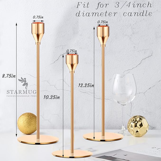 French Gold Taper Candle Holders,Set of 6 Tall Taper Candlestick fit for 3/4" Thick Pillar Candle&Led Modern Metal Candle Stands Decorative Table Centerpieces for Dinning Party Church,Decorative