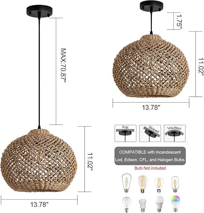 Farmhouse Rattan Pendant Lights, 13.8" Wicker Hand-Woven Rustic Chandelier, Round Hanging Light Fixture for Kitchen Island Bedroom Hallway Entry Living Room Dining Coffee Bar