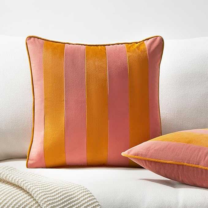 MONDAY MOOSE Decorative Throw Pillow Covers Cushion Cases, Set of 2 Soft Velvet Striped Piping Edge Designs, Pillow Inserts Not Included (Pink/Honey, 18x18 inch)