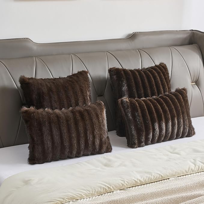 FUTEI Dark Coffee Decorative Throw Pillow Covers 24x24 Inch Set of 2,Soft Fluffy Faux Rabbit Fur Dyeing Striped Textured European Cushion Case,Modern Home Decor for Couch Bed Living Room