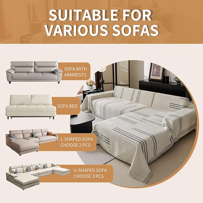 Boho Non Slip Covers Sofa Covers for 3 Cushion Chenille Dog Pet Couch Protector Washable L Shaped Sofa Cover ﻿ (Light Gray, 91"*150")