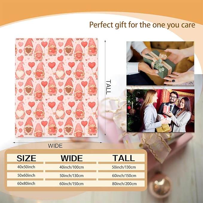 Valentine Gnome Blanket Gifts for Women Girls Kids, Soft Warm Lightweight Flannel Cute Pink Love Heart and Balloon Throw Blankets for Bedroom Living Room Home Sofa Home Camping Decor 50" x 60"