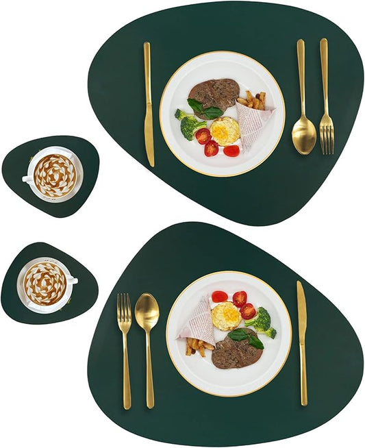 Leather Placemats for Dining Table Set of 2, Heat Resistant Easy to Clean Wipeable Waterproof Washable Modern Placemats for Kitchen Diner Table, Non Slip Anti-Skid Irregular Table Mats, Green