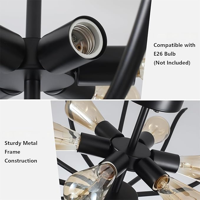 Semi Flush Mount Ceiling Light, 6 Lights Modern Black Light Fixture for Farmhouse Kitchen Dining Room Bedroom Living Room Hallway