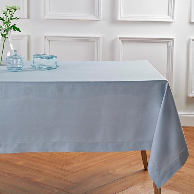 Solino Home Dusty Blue Linen Tablecloth 60 x 120 Inch - 100% Pure Linen Hemstitch Table Cloth for Rectangle Tables - Classic Hemstitch, Machine Washable Tablecloth for Fall, Autumn, Thanksgiving