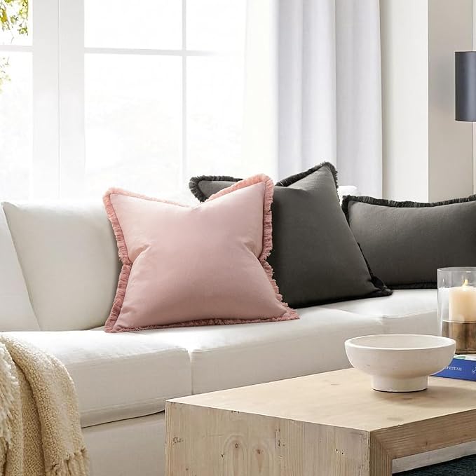 ZWJD Pillow Covers 18x18 Set of 2 Dusty Pink Throw Pillow Covers with Fringe Chic Cotton Decorative Pillows Square Cushion Covers for Sofa Couch Bed Living Room Farmhouse Boho Decor