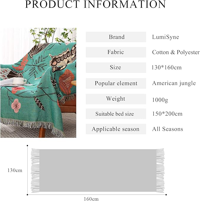 Double-Sided Cotton Woven Throw Blanket with Tassel Jungle Bohemian Style Tapestry Shawl Multi-Function Decorative Throws for Sofa Bed Armchair Camping Blanket Tablecloth Carpet 160x130cm