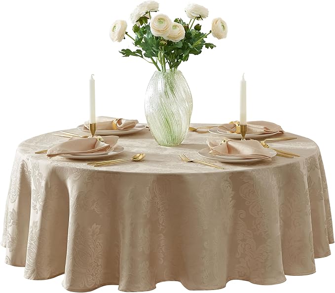 Newbridge Barcelona Luxury Damask Fabric Tablecloth, 90” Round, Golden Beige, 100% Polyester, No Iron, Soil Resistant Dining Room, Party and Banquet Table Cover