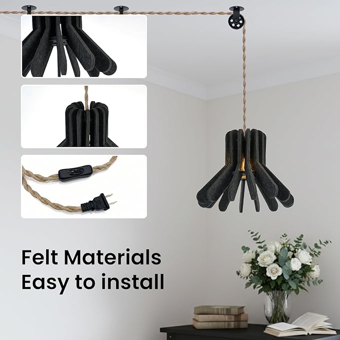 Pendant Light with Felt Lampshade, Modern Hanging Lamp Fixture, DIY Acoustic Plug-in Pendant Light for Kitchen Island, Living Room, Dining Room, Bedroom, Office (D13.7"x10.2")