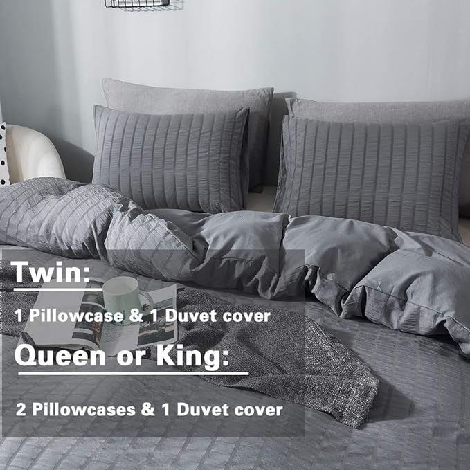 AveLom Dark Gray Duvet Cover Twin Size (68 x 90 inches)，2 Pieces (1 Duvet Cover, 1 Pillow Case) Stripe Textured Soft Washed Microfiber Grey Duvet Cover with Zipper Closure Corner Ties